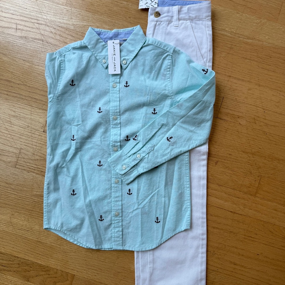 ✅ NWT Janie & Jack Boys Outfit Set Size 8 Nautical Anchor Shirt & Pants